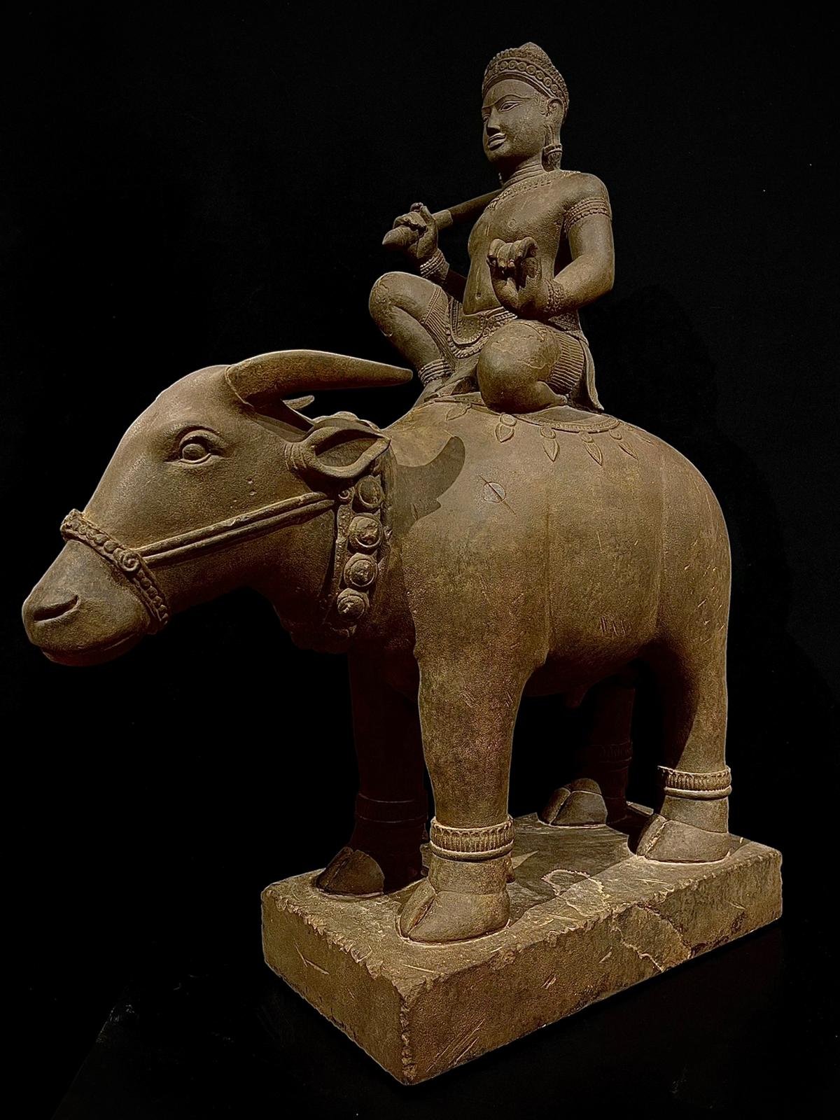 Greystone Statue of Kneeling Vishvakarman on Buffalo - 7242
